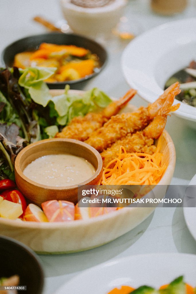 Vegetable Salad with Battered Prawns.