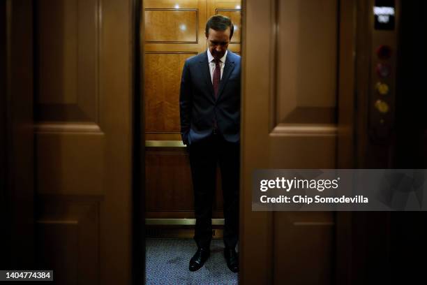 Sen. Chris Murphy steps into an elevator immediately after the Bipartisan Safer Communities Act passed the Senate 65-33 on June 23, 2022 in...