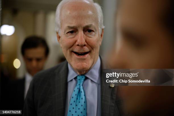 Senate Minority Whip John Cornyn talks to reporters after the Senate passed the Bipartisan Safer Communities Act at the U.S. Capitol on June 23, 2022...