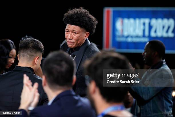 MarJon Beauchamp reacts after being drafted 24th overall by the Milwaukee Bucks during the 2022 NBA Draft at Barclays Center on June 23, 2022 in New...