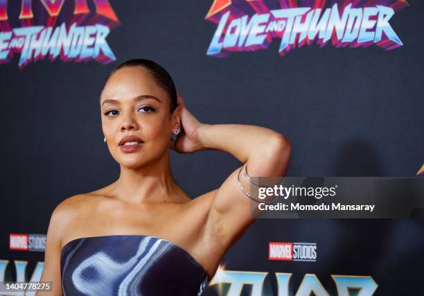 Tessa Thompson attends the Marvel Studios "Thor: Love And Thunder" Los Angeles Premiere at El Capitan Theatre on June 23, 2022 in Los Angeles,...