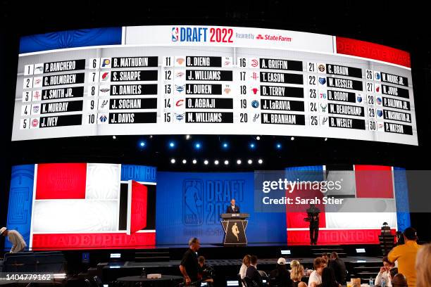 General view of the first round draft board during the 2022 NBA Draft at Barclays Center on June 23, 2022 in New York City. NOTE TO USER: User...