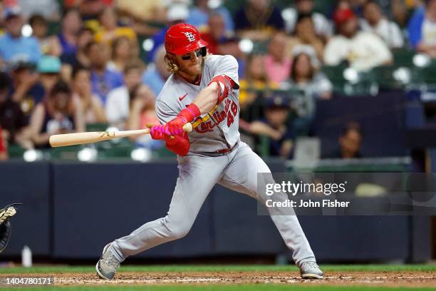 Harrison Bader of the St. Louis Cardinals swings at a pitch against the Milwaukee Brewers at American Family Field on June 22, 2022 in Milwaukee,...