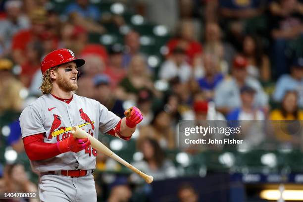 Harrison Bader of the St. Louis Cardinals up to bat against the Milwaukee Brewers at American Family Field on June 22, 2022 in Milwaukee, Wisconsin....