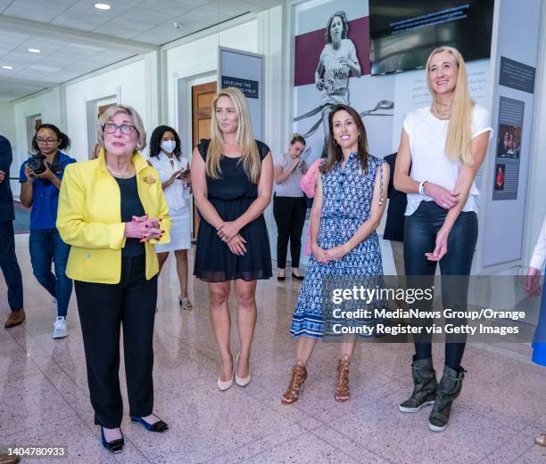 Yorba Linda, CA Former U.S. Commerce Secretary Barbara Franklin, left, along with U.S. Olympic gold medalists: Courtney Mathewson, Janet Evans, and...