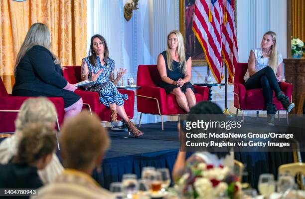Yorba Linda, CA SIitting on stage, U.S. Olympic gold medalists: Janet Evans, second from left, Courtney Mathewson, and Kerri Walsh Jennings, right,...