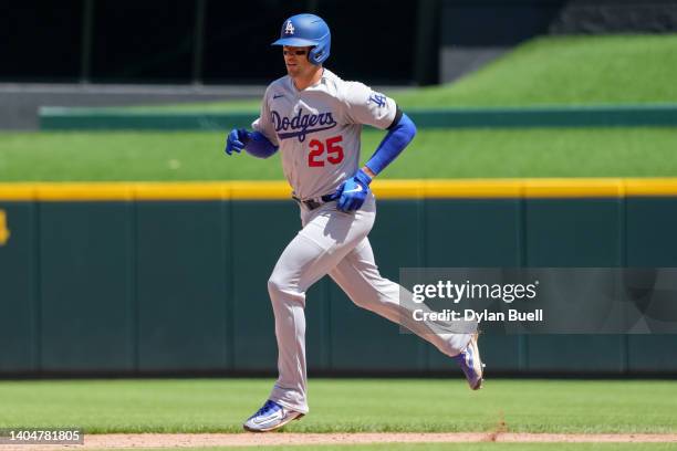 Trayce Thompson of the Los Angeles Dodgers rounds the bases after hitting a home run in the ninth inning against the Cincinnati Reds at Great...