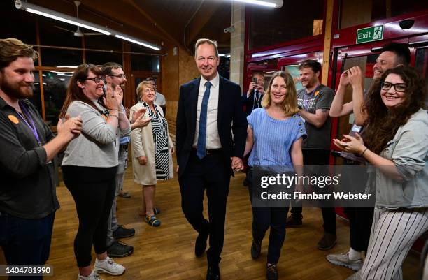 Winner of the by election Liberal Democrat Richard Foord and his wife Kate enter the count centre for the declaration on June 24, 2022 in Crediton,...