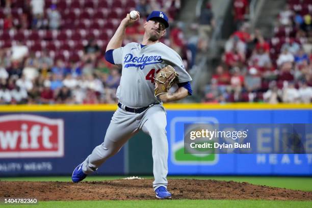 Daniel Hudson of the Los Angeles Dodgers pitches in the eighth inning against the Cincinnati Reds at Great American Ball Park on June 22, 2022 in...