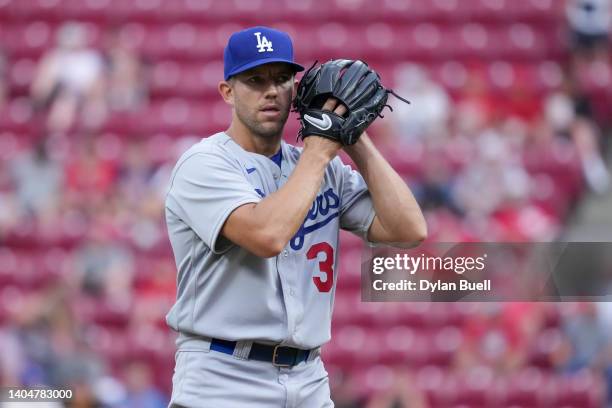 Tyler Anderson of the Los Angeles Dodgers pitches in the fourth inning against the Cincinnati Reds at Great American Ball Park on June 22, 2022 in...