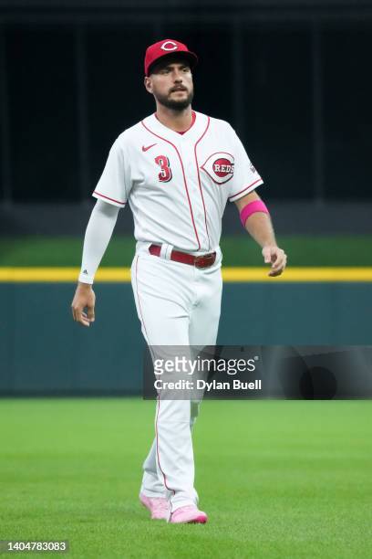 Albert Almora Jr. #3 of the Cincinnati Reds walks across the field before the game against the Los Angeles Dodgers at Great American Ball Park on...