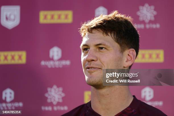 Kalyn Ponga of the Queensland Maroons speaks to the media during a Queensland Maroons State of Origin Training Session at Dorrien Gardens on June 24,...