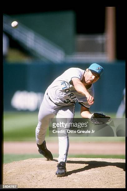 Pitcher Bryan Harvey of the Florida Marlins throws the ball during a game against the San Francisco Giants at Candlestick Park in San Francisco,...