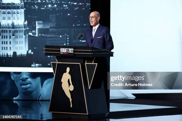 Commissioner Adam Silver announces a pick by the San Antonio Spurs during the 2022 NBA Draft at Barclays Center on June 23, 2022 in New York City....