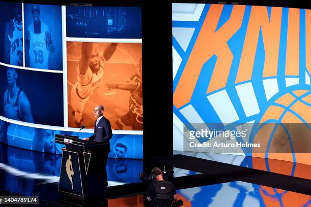 Commissioner Adam Silver announces a pick by the New York Knicks during the 2022 NBA Draft at Barclays Center on June 23, 2022 in New York City. NOTE...