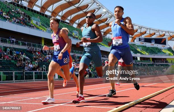 Cade Flatt, Isaiah Jewett and Donavan Brazier finish together in the opening round of the men 800 Meter during the 2022 USATF outdoor Championships...