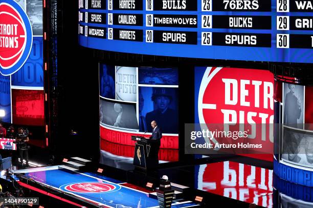 Commissioner Adam Silver announces a pick by the Detroit Pistons during the 2022 NBA Draft at Barclays Center on June 23, 2022 in New York City. NOTE...