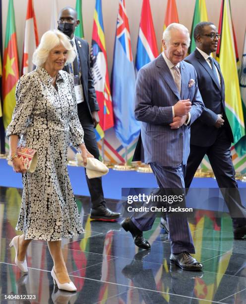 Camilla, Duchess of Cornwall and Prince Charles, Prince of Wales attend the CHOGM opening ceremony at Kigali Convention Centre on June 24, 2022 in...