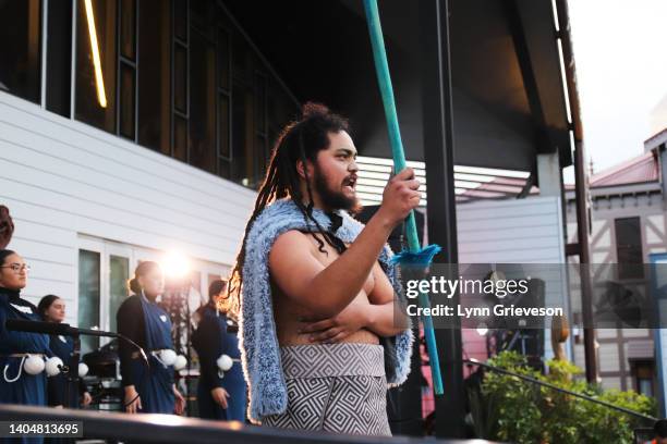 Member of a kapa haka troupe performs during a Matariki performance on June 24, 2022 in Wellington, New Zealand. New Zealand is officially...