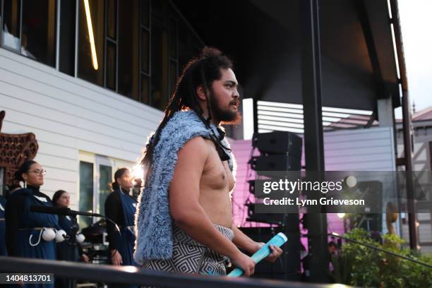 Member of a kapa haka troupe looks towards a crowd during a Matariki performance on June 24, 2022 in Wellington, New Zealand. New Zealand is...