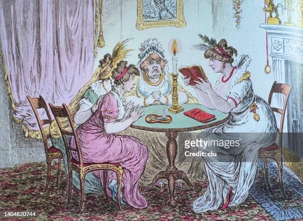 four women reading and discussing a current novel at a coffee party - book club stock illustrations
