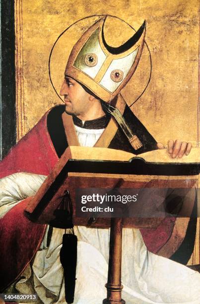 der heilige augustinus liest die bibel an einem rednerpult - hl augustinus von hippo stock-grafiken, -clipart, -cartoons und -symbole