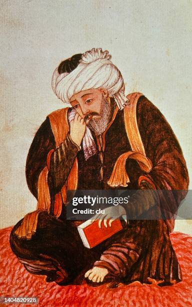 persian poet hafiz sitting on a carpet, holding a book, hand on cheeks, thinking - poet stock illustrations