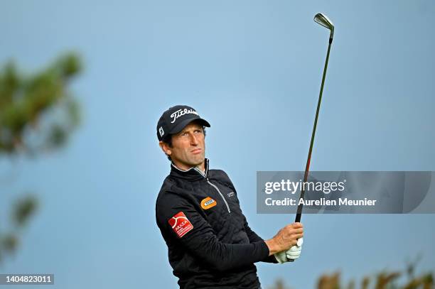 Gregory Bourdy of France plays his first shot on the 10th hole during Day Two of the Blot Open de Bretagne at Golf Blue-Green Pleneuf-Val Andre on...