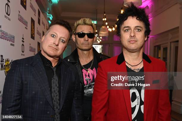 Tré Cool, Mike Dirnt and Billie Joe Armstrong of Green Day attend The Kerrang! Awards at Shoreditch Town Hall on June 23, 2022 in London, England.