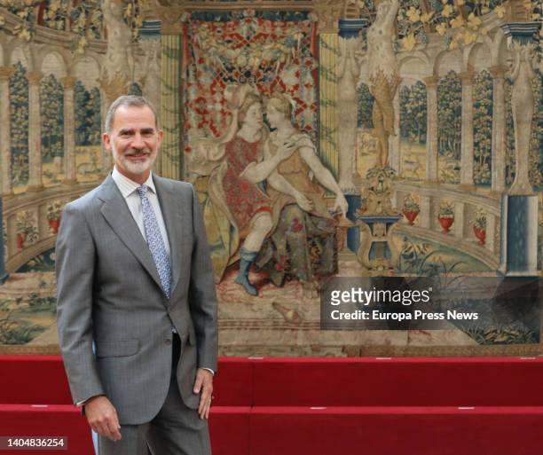 King Felipe VI greets the Minister of Industry, Trade and Tourism, Reyes Maroto, at the meeting of the Board of Trustees of the COTEC Foundation, at...
