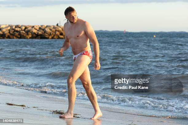 Jonny Hill looks on during an England Rugby Squad beach recovery session at South Beach on June 24, 2022 in Perth, Australia.