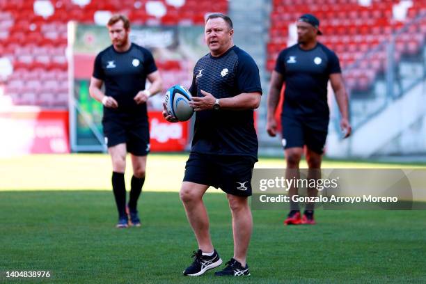 Manager John Mulvihill of the Barbarians leads a Barbarians training session ahead Rob Harley and Joe Tekori at El Molinon stadium on June 24, 2022...