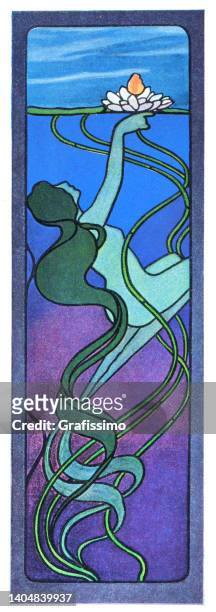 ilustrações, clipart, desenhos animados e ícones de vitral sereia com água lily art nouveau ilustração 1898 - cerâmica artesanato