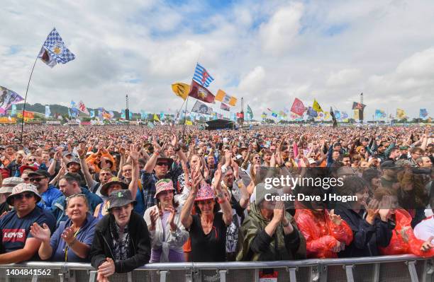 The crowd react as Pete Doherty and Carl Barat of The Libertines perform on the Other stage during day three of Glastonbury Festival at Worthy Farm,...