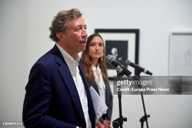 The curator of the exhibition, Dieter Schwarz, speaks during the presentation of the exhibition 'Juan Muñoz: Drawings 1982-2000', at the Botin Center...