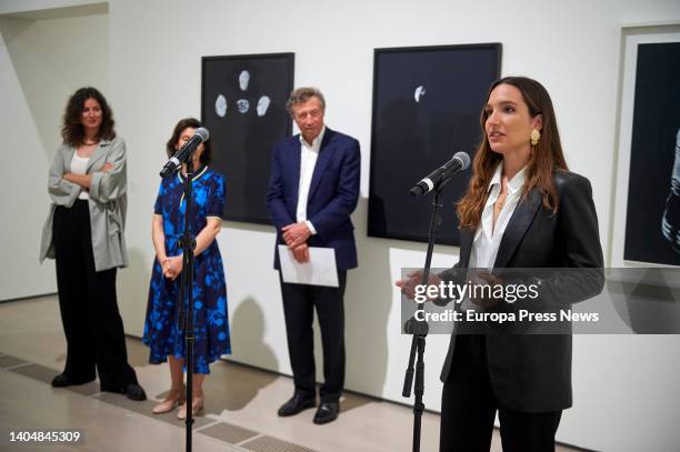 The daughter of artist Juan Muñoz, Lucia Muñoz, speaks during the presentation of the exhibition 'Juan Muñoz: Dibujos 1982-2000', at the Centro Botin...