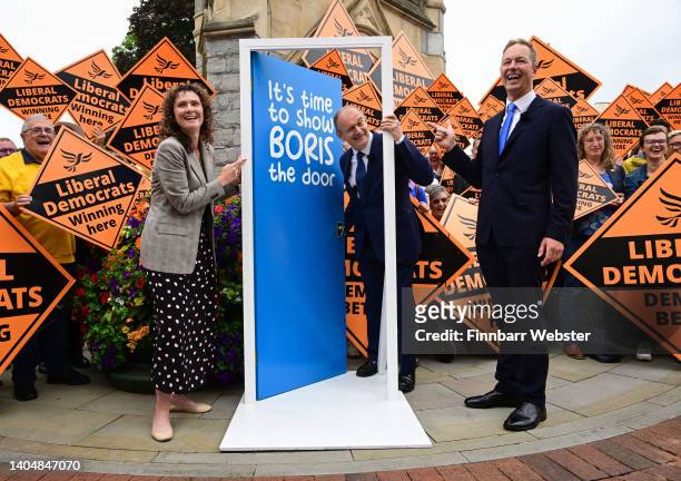 Liberal Democrats party leader Ed Davey and newly elected MP Richard Foord address supporters along with Chief Whip Wendy Chamberlain on June 24,...