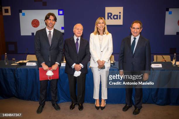 Alessandro Onorato, Gianni Letta, Simona Agnes and Carlo Fuortes attend the "Biagio Agnes" Prize press conference at RAI Viale Mazzini on June 24,...