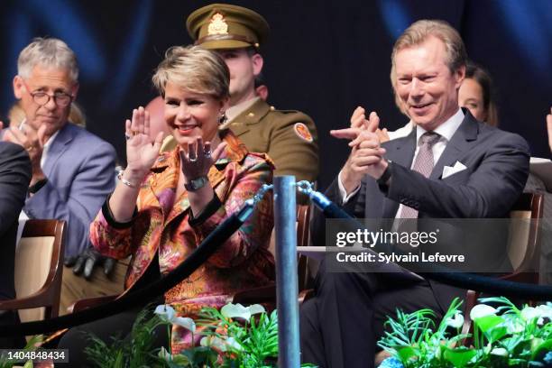 Grand Duchess Maria Teresa of Luxembourg, Grand Duke Henri of Luxembourg participates in National Day festivities on June 22, 2022 in Luxembourg,...