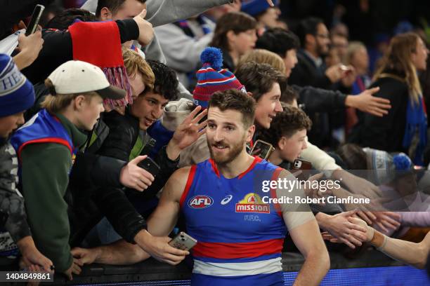 Marcus Bontempelli of the Bulldog celebrates after the Bulldogs defeated the Hawks during the round 15 AFL match between the Western Bulldogs and the...