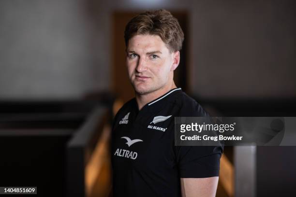 Jordie Barrett poses during the New Zealand All Blacks 2022 headshots session at the Park Hyatt Hotel on June 21, 2022 in Auckland, New Zealand.
