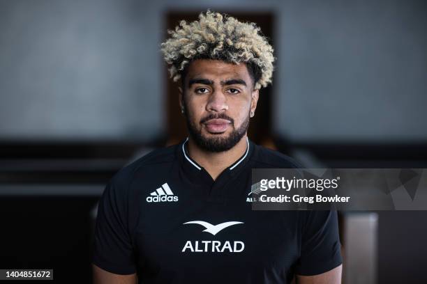 Hoskins Sotutu poses during the New Zealand All Blacks 2022 headshots session at the Park Hyatt Hotel on June 21, 2022 in Auckland, New Zealand.