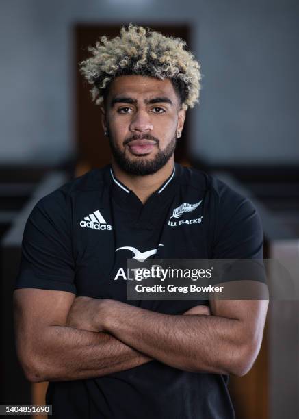 Hoskins Sotutu poses during the New Zealand All Blacks 2022 headshots session at the Park Hyatt Hotel on June 21, 2022 in Auckland, New Zealand.