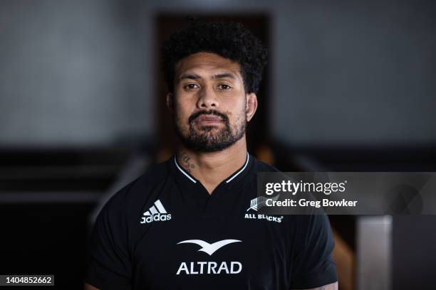 Ardie Savea poses during the New Zealand All Blacks 2022 headshots session at the Park Hyatt Hotel on June 21, 2022 in Auckland, New Zealand.