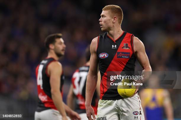 Peter Wright of the Bombers looks on during the round 15 AFL match between the West Coast Eagles and the Essendon Bombers at Optus Stadium on June...