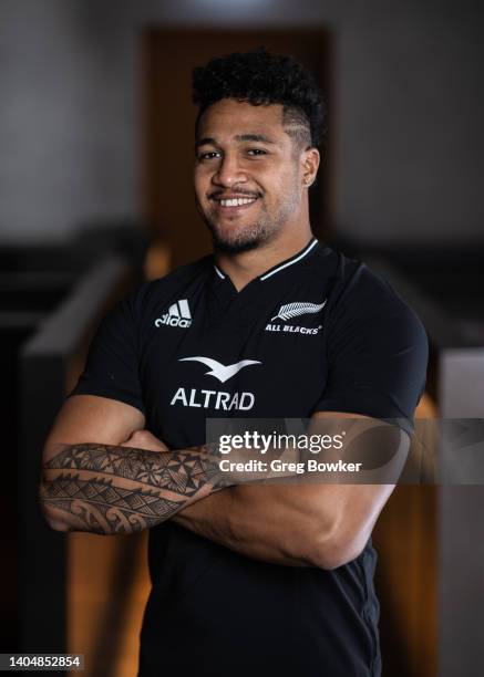 Leicester Fainga'anuku poses during the New Zealand All Blacks 2022 headshots session at the Park Hyatt Hotel on June 21, 2022 in Auckland, New...