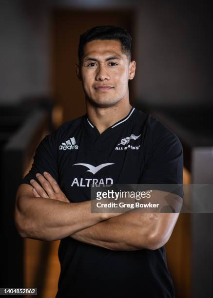 Rodger Tuivasa-Sheck poses during the New Zealand All Blacks 2022 headshots session at the Park Hyatt Hotel on June 21, 2022 in Auckland, New Zealand.