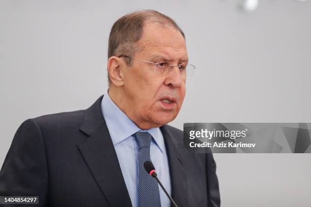 Russia's Foreign Minister Sergei Lavrov speaks during a joint news conference with his Azerbaijani counterpart Jeyhun Baramov following talks on June...