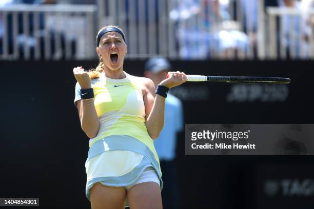 Petra Kvitova of The Czech Republic celebrates match point in her women's singles semi-final match against Beatriz Haddad Maia of Brazil during day...