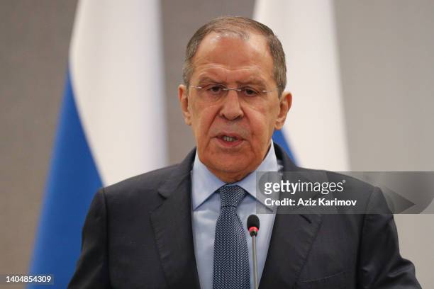 Russia's Foreign Minister Sergei Lavrov speaks during a joint news conference with his Azerbaijani counterpart Jeyhun Baramov following talks on June...